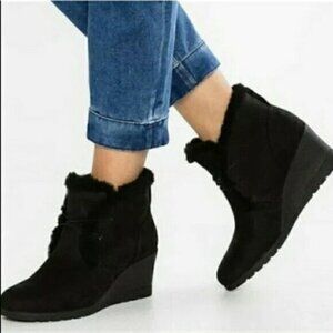 UGG Jeovana Black Leather Fur Wedge Ankle Boots Booties Shoes